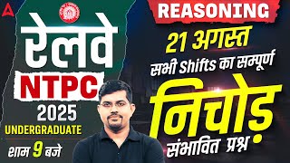 RRB NTPC Undergraduate Exam Review 2025 | 21 Aug Reasoning All Shift Questions | NTPC Exam Analysis