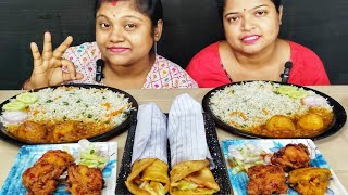 SPICY CHICKEN PAKORA EGG ROLL FRIED RICE ALOOR DUM EATING CHALLENGE // food family & more 