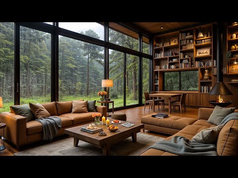 Cozy Cabin Ambience in the Woods ~ Relaxing Jazz Music, Heavy Rain Sounds for Peaceful Day 🍃