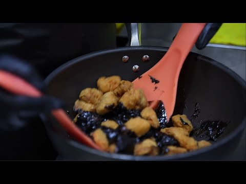 Korean Street Food -  Black chicken? spicy fried 'gangjeong'