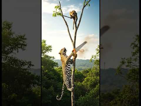 Leopard Cuts Tree & Monkey Falls Down | Wild Animal Fight 🐆🐒🌳 #junglelife  #loveinthejungle