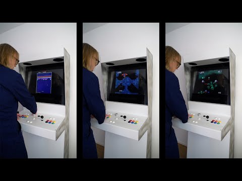 Retro Space Modern Arcade cabinet being tested with Arkanoid and Galaga 88