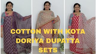 JAIPUR COTTON WITH KOTA DORIYA DUPATTA SETS (HANDBLOCKED) || FREE SHIPPING:+91 9061630106