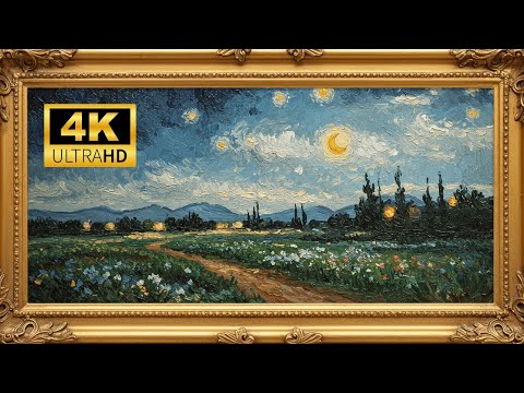 𝑨 𝑺𝒕𝒂𝒓𝒓𝒚 𝑵𝒊𝒈𝒉𝒕 𝑶𝒗𝒆𝒓 𝒂 𝑻𝒓𝒂𝒏𝒒𝒖𝒊𝒍 𝑭𝒊𝒆𝒍𝒅 🌙✨– 4K Art in Motion! | Gold Frame TV ART | Screensaver for TV