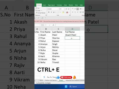 Combine First and last name  in Excel | Flash fill function | #exceltips #exceltutorial #shorts