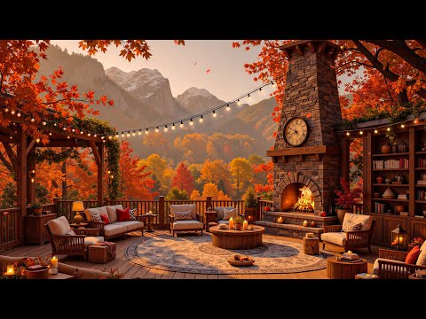 Tranquility Autumn Jazz on a Rustic Terrace 🍂 Cozy Porch Ambience & Fireplace Sounds for Relaxation