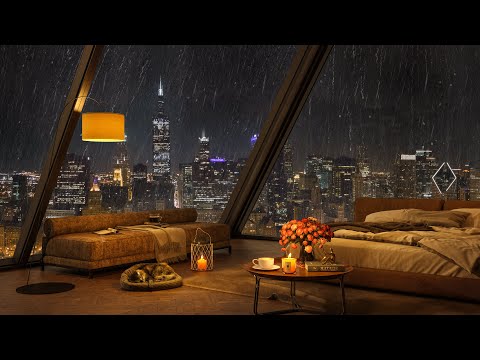 🌧️ Rain Night & Relaxing Piano Jazz Music in Luxury Chicago Bedroom for Stress Relief and Sleeping 😴
