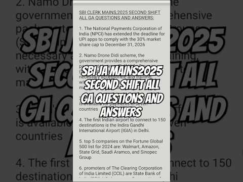 SBI CLERK MAINS 2025 SECOND  SHIFT ALL GA QUESTIONS AND ANSWERS #sbiclerkmains2025 #sbiclerk #study
