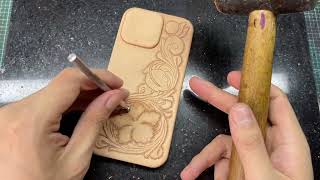 Leather iPhone Case - Floral Carving - Tan Color - Hand Tooled - Handmade by BridleBlack
