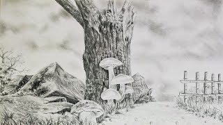 How To Draw Simple Landscape Scenery With Fungus/Mushroom & Old Tree Bark || Easy Pencil Scenery Art