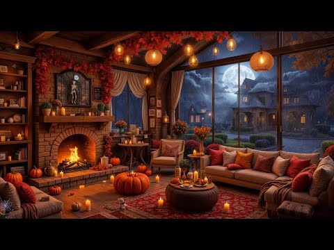 October Rainy Day at Cozy Porch Ambience 🎃 Smooth Jazz Piano & Warm Fireplace Sounds for Relax, Work
