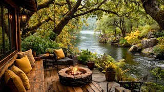 Nature Summer Riverside Porch Ambience | Cozy Cabin Firepit & Calming Birds Songs