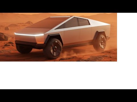 A sleek, futuristic Cybertruck glides across the rust-red dunes of Mars