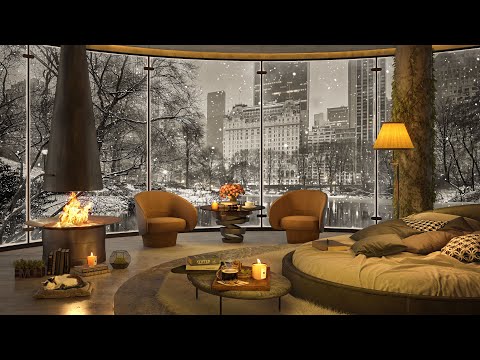 Cozy Bedroom Ambience in Winter Night City ❄ Snowing by the Window with Warm Fireplace to Deep Sleep