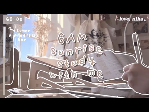 6AM sunrise 1 HOUR real time study with me #2  (lofi music) 🥐  ipad, keyboard asmr, bg noise