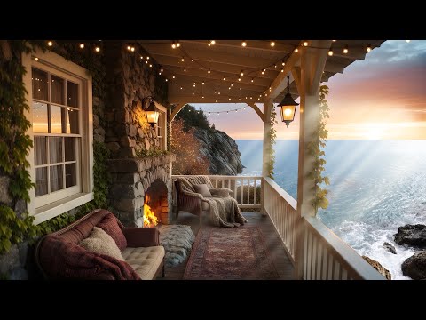 Sunset Seaside Porch | Fireplace & Waves | 12 Hours Maine Coast Ambience | Study, Sleep, Focus, Read
