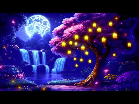 Waterfall Under the Full Moon with Relaxing Piano Music | Calming Nature Ambience