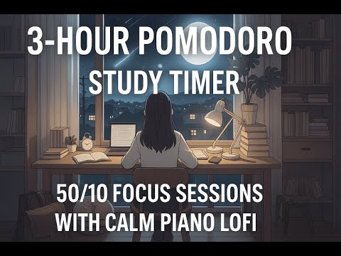 3-Hour Pomodoro Study Timer | 50/10 Focus Sessions with Calm Piano LoFi