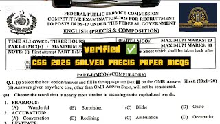 CSS 2025 English Precis MCQs Solved | CSS Past Paper MCQs with Answers & Explanations