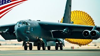 B-52 Bombers Deploying Drogue Parachute for Land & Taxi - B-52爆撃機のドラッグシュート(減速用パラシュート)開傘着陸とタキシング