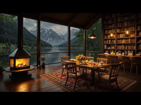 Rainy Lakeside Porch Ambience with Jazz Instrumental Music - Crackling Fireplace for Sleeping, Relax