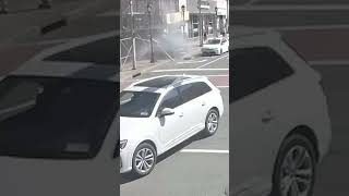 Car flies across street and smash into scaffolding outside NY Buffalo Wild Wings #shorts