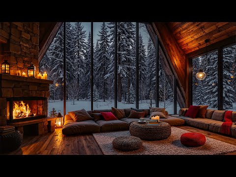 Snowy Cabin Retreat | Soft Jazz Music & Warm Firelight for Sleeping, Reading, and Peace