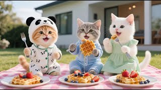 Mama Cat تحضّر وافل الفواكه بالعسل للترحيب بأصدقاء Ginger 🧇🍓🍯🐾 | فيديوهات قطط مضحكة