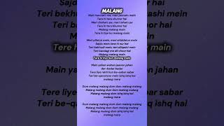 Malang Malang - Lyrics #shorts #trending #songlyrics #malang