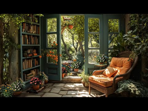 Cool morning Sofa and 4K Bookshelf Next to the Window Full of Flowers, Singing Birds, Falling Leaves