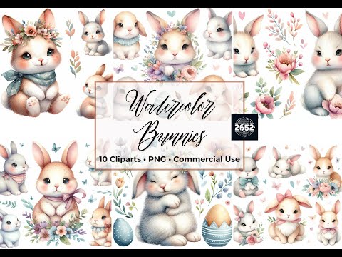 "Whimsical Watercolor: Beautiful Bunnies Clipart Collection"