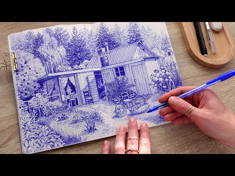 drawing cottage with 1 ballpoint pen 🖊️/ no music, no talking