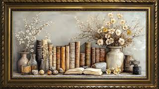 Vintage Books and Flowers, Oil Painting | Gold Frame Art Screensaver for TV