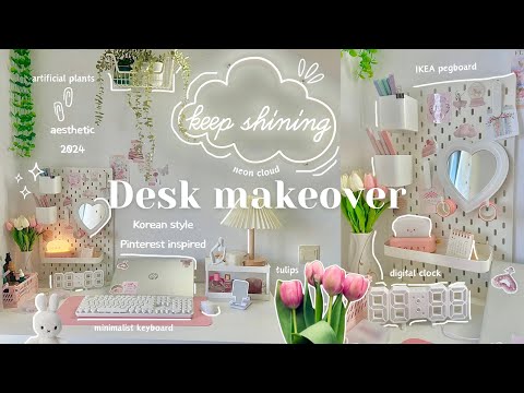 Aesthetic Desk Makeover 2024🎀| Korean & Pinterest inspired🌷Minimalist🥟IKEA desk, neon cloud☁️