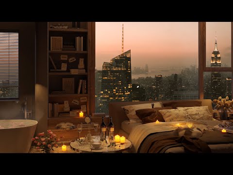 🌧️ Rainy Sunset in a Cozy New York Bedroom 🌇 Relaxing Jazz Ambience with a Warm Fireplace for Sleep