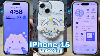 Iphone 15 (blue) 2025 ☁️ aesthetic unboxing camera test, accessories, cute cases, set up