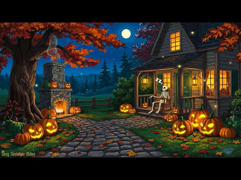 cozy autumn village halloween ambience 1950's with vintage oldies music playing in another room