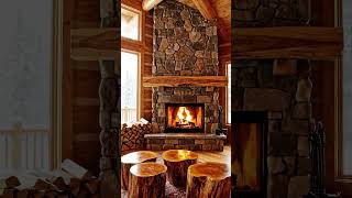 Cozy Log Cabin Interior: Fireplace, Snowy Views & Warm Design