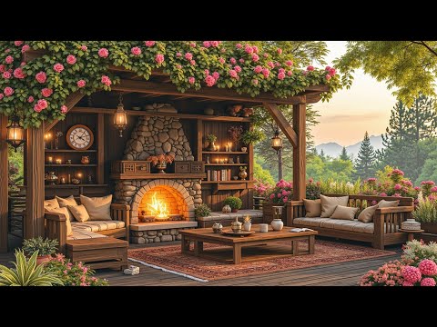 Outdoor Cafe Ambience 🌿 Relaxing Spring Jazz & Gentle Fireplace for Peaceful Study
