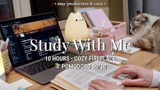 LIVE | 10 HR STUDY WITH ME | Pomodoro 50/10 🔥 Cozy Fireplace | No Talking | Deep Focus