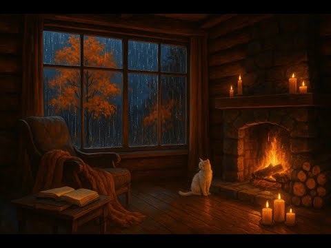 Rainy Night by the Fireplace | Cozy Cabin Ambience with Cat & Crackling Fire