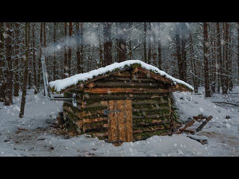Winter shelter building, Warm hut +20 inside, Furnace installed, Modern bushcraft