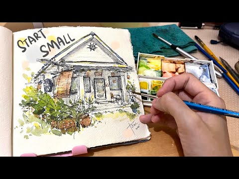 Loose ink and watercolor sketching Basics | A café by the sea