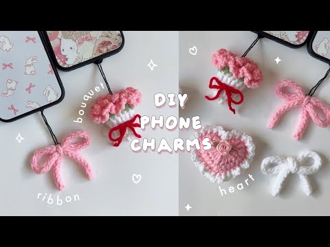 ♡ Crochet No-Sew Cute Phone Charms/ Keychains Tutorial | Mini Ribbon, Bouquet, Coquette Heart ♡