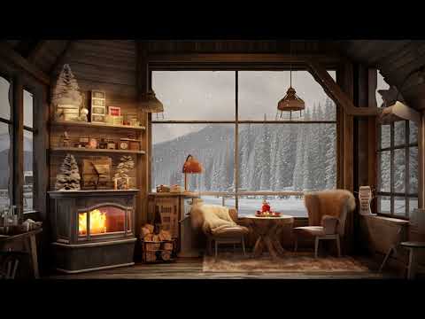 Snow Night on Window at Coffee Shop Ambience with Relaxing Smooth Jazz Music and Snow Falling