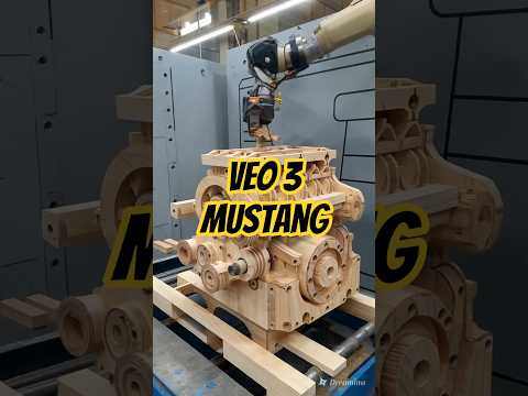 Robot arms building a mustang engine made of wood