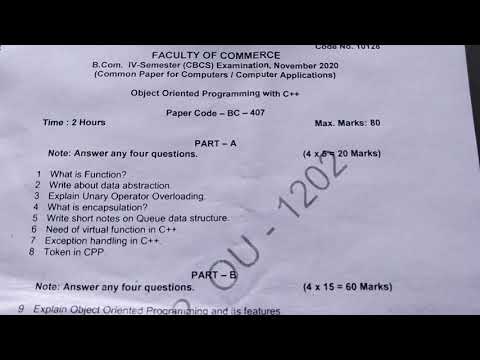 Object oriented programing with C++ B.com 4th sem 2020 question paper, Osmaina university.