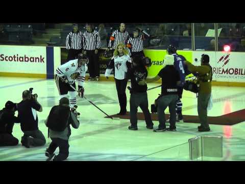 Shannon Tweed Drops Ceremonial Faceoff At Saskatoon Blades Hockey Game