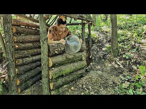 Construction of a Secret Shelter from a Log, build a house in the forest, cabin