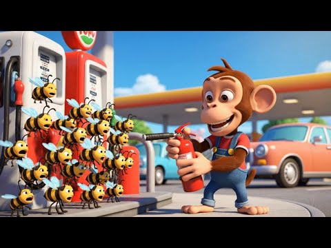 Baby Monkey Solves a Bee Problem at the Gas Station | Kids Storytime